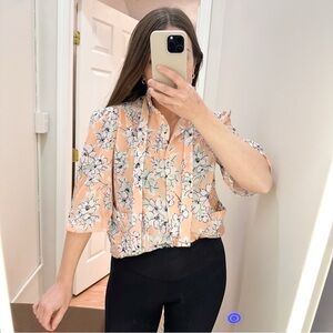 Cape Cod Match Mates Vintage Floral Ruffle Tie Collar Button Up Short Sleeve Top